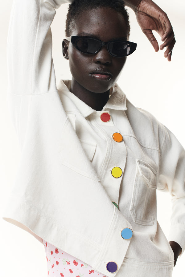 Olivia Rubin Brea White Denim Rainbow Button Jacket