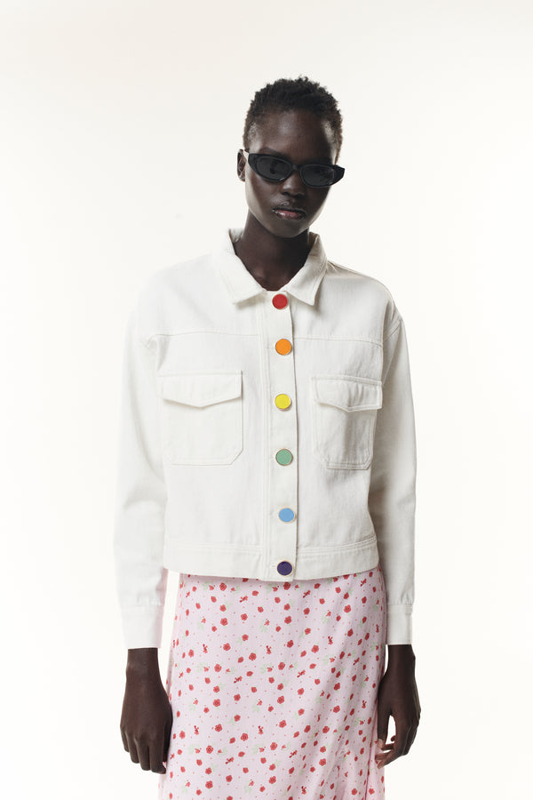 olivia rubin Brea White Denim Rainbow Button Jacket