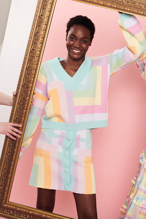 Olivia Rubin Delilah Pastel Geometric V-Neck Jumper