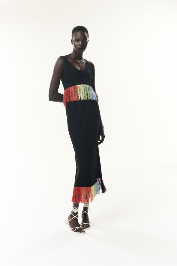 Olivia Rubin Faye Black Rainbow Tassel Knit Midi Skirt