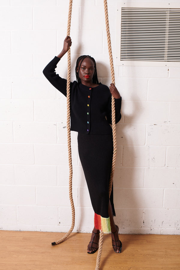 Olivia Rubin Faye Black Rainbow Tassel Knit Midi Skirt