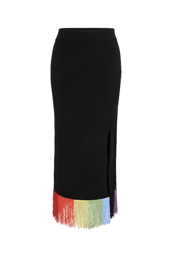 olivia rubin Faye Black Rainbow Tassel Knit Midi Skirt