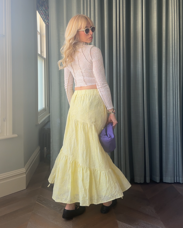 Olivia Rubin Kinza Tiered Yellow Broderie Maxi Skirt