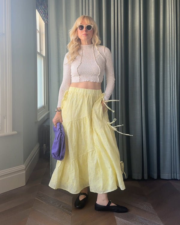 Olivia Rubin Kinza Tiered Yellow Broderie Maxi Skirt