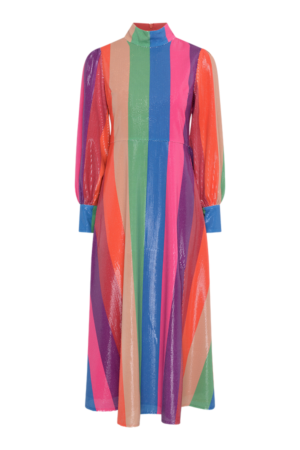 Olivia Rubin Maddie Rainbow Stripe Sequin Midi Dress RENTAL