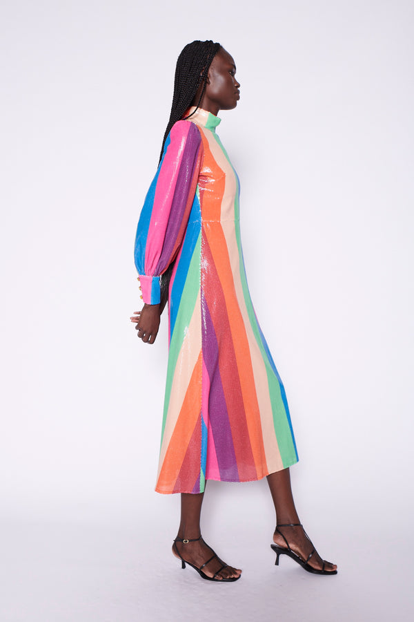 Olivia Rubin Maddie Rainbow Stripe Sequin Midi Dress RENTAL