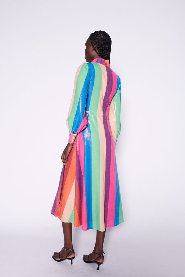 Olivia Rubin Maddie Rainbow Stripe Sequin Midi Dress RENTAL