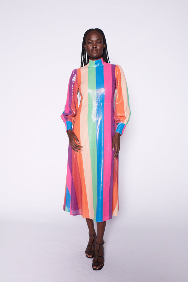 olivia rubin Maddie Rainbow Stripe Sequin Midi Dress RENTAL