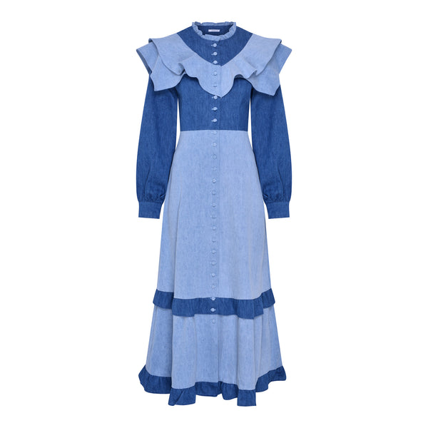 olivia rubin Bronte Two-Tone Denim Midi Dress