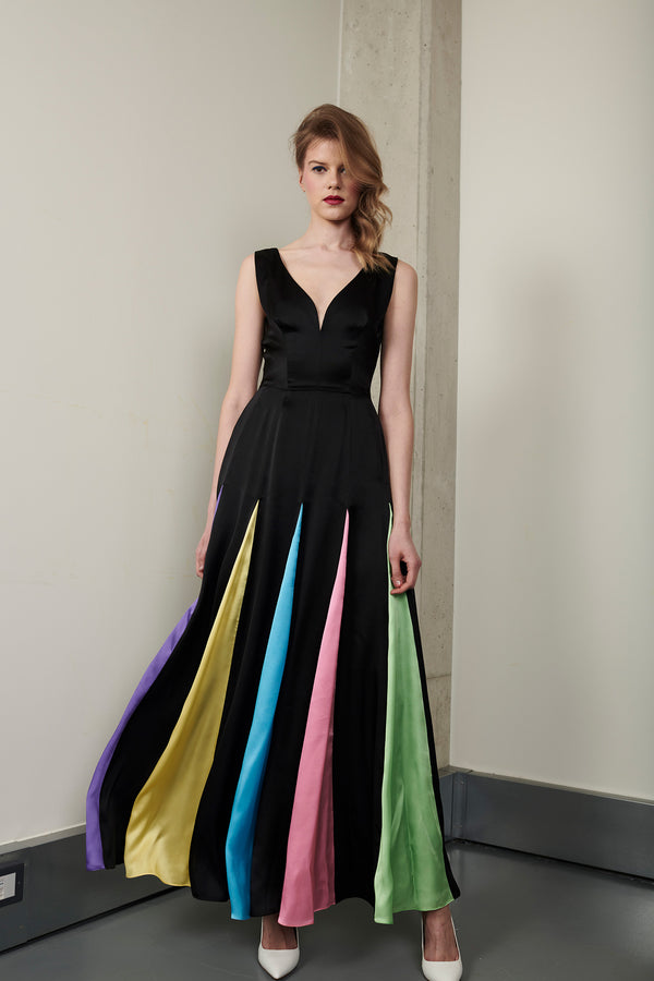 olivia rubin Jade Black Rainbow Silk Godet Gown