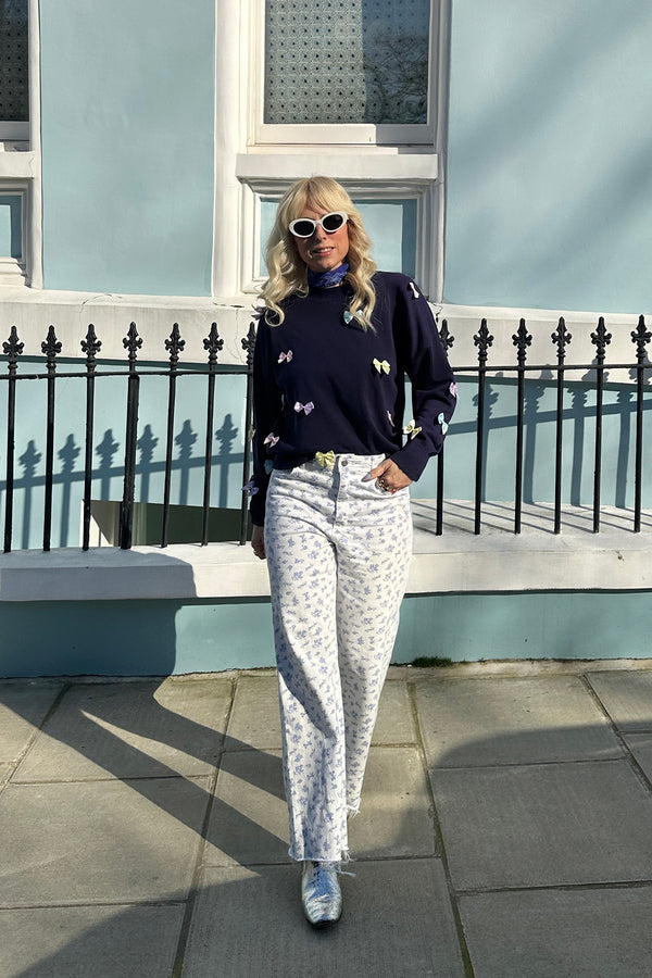 Olivia Rubin Jayne Navy Knit Jumper With Bows