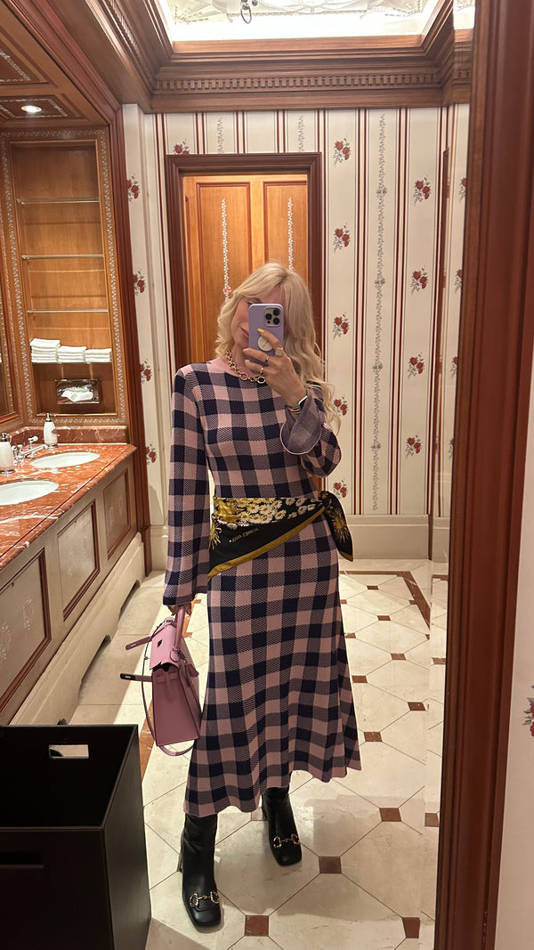 olivia Rubin Kyra Navy Pink Gingham Knit Dress