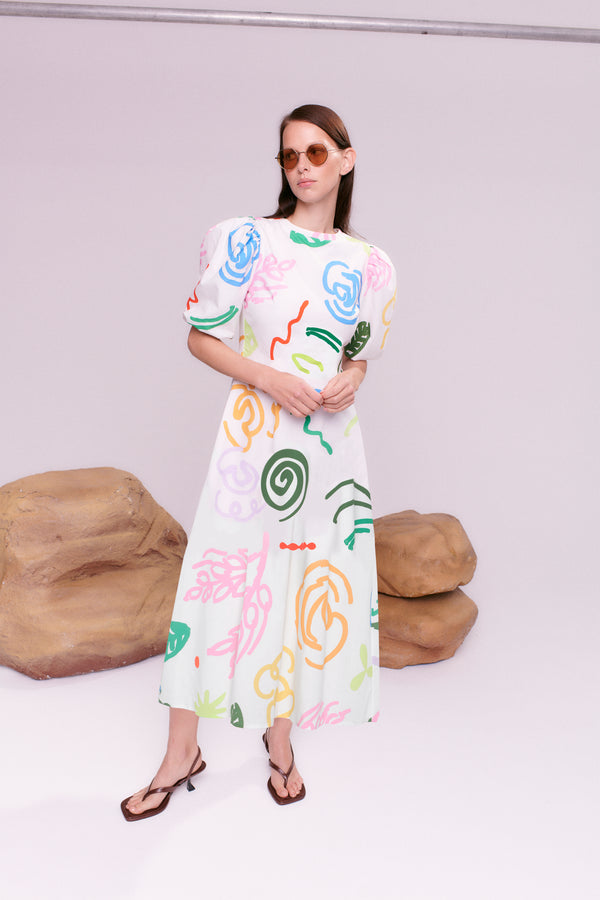 olivia rubin Sia White Sketchy Floral Midi Dress