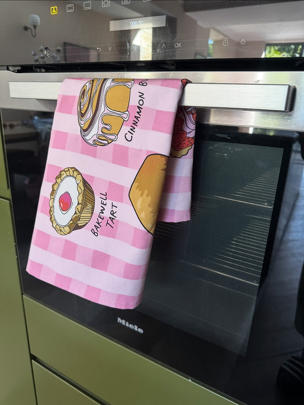 Olivia Rubin Tea Towel Pink Gingham Pastries