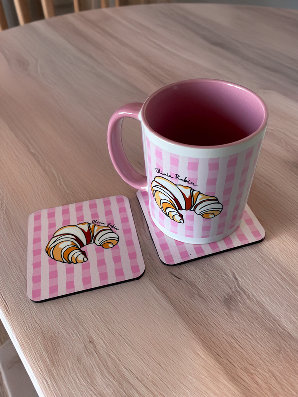 Olivia Rubin Set Of 2 Coasters Pink Gingham Croissant