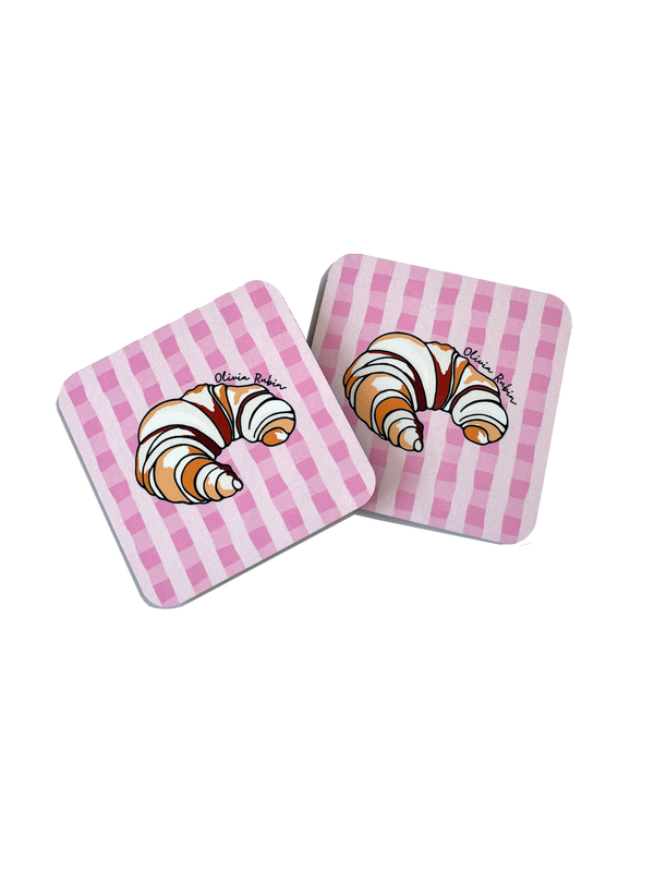 olivia rubin Set of 2 Coasters Pink Gingham Croissant
