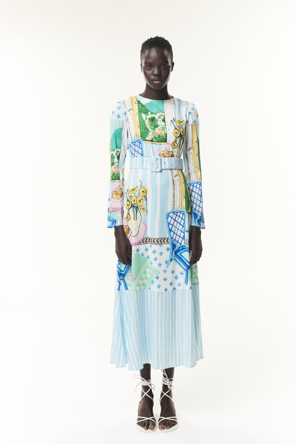olivia rubin Zadie Scene Print Belted Midi Dress RENTAL