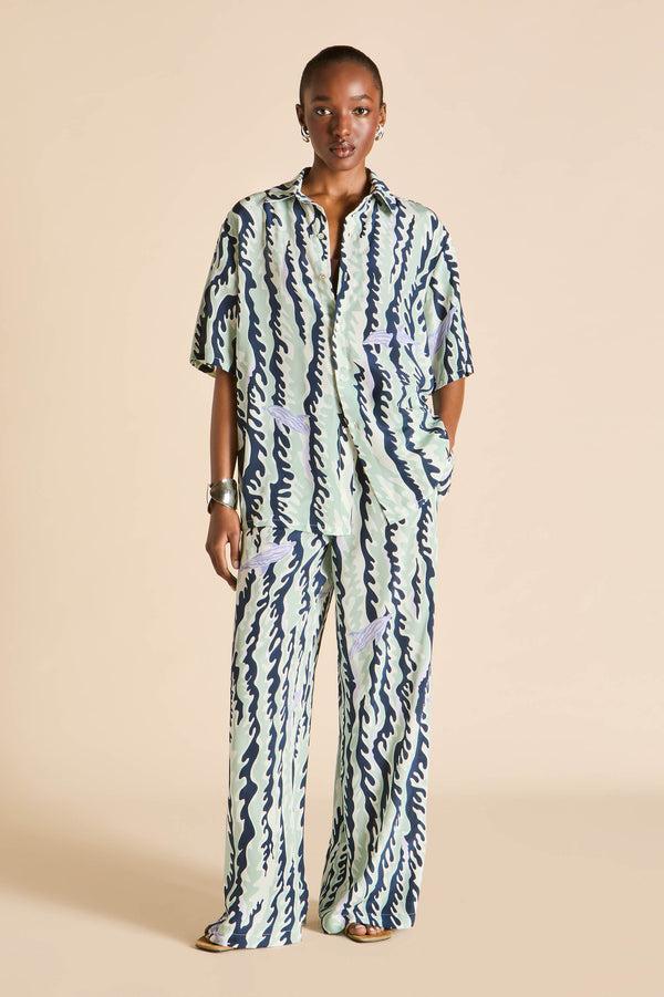 Olivia Von Halle Alabama Marina Navy Wave Pajamas In Silk Crêpe De Chine Navy