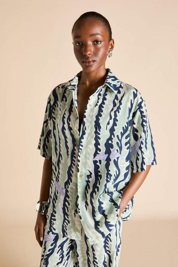 Olivia Von Halle Alabama Marina Navy Wave Pajamas In Silk Crêpe De Chine Navy