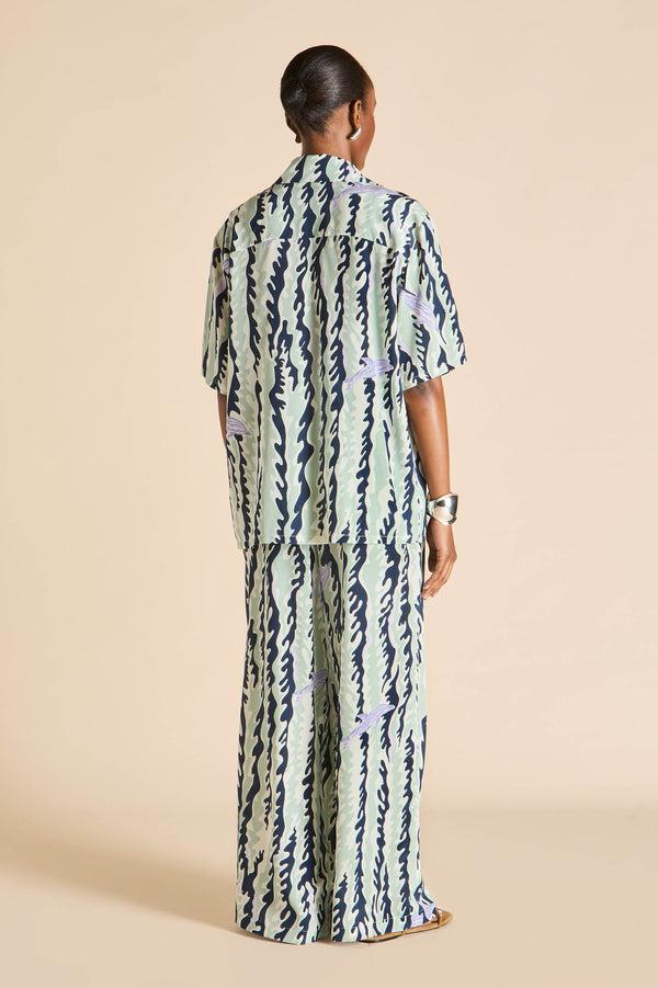 Olivia Von Halle Alabama Marina Navy Wave Pajamas In Silk Crêpe De Chine Navy