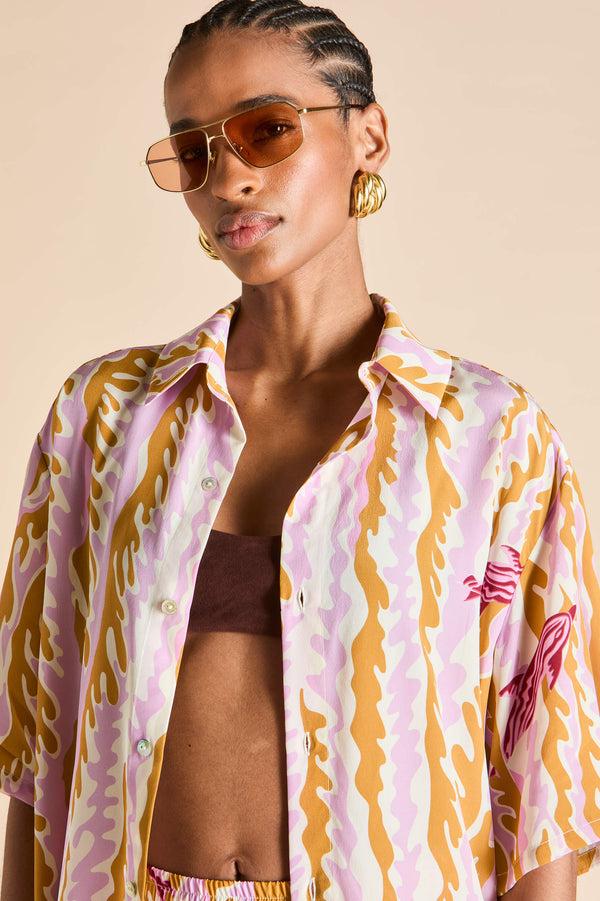 Olivia Von Halle Alabama Mira Pink Wave Pajamas In Silk Crêpe De Chine Pink