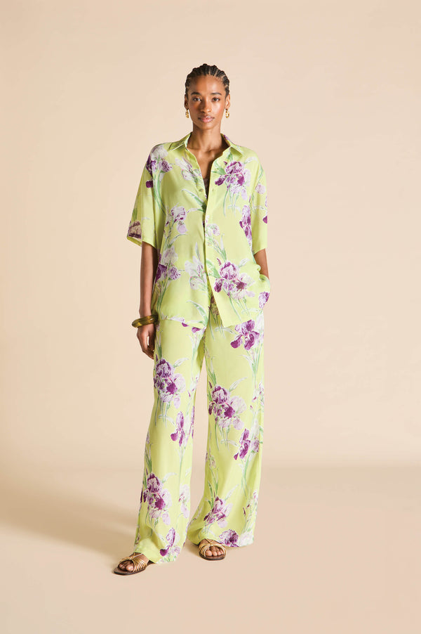 olivia von halle Alabama Sundial Green Floral Pajamas in Silk-Chiffon Green