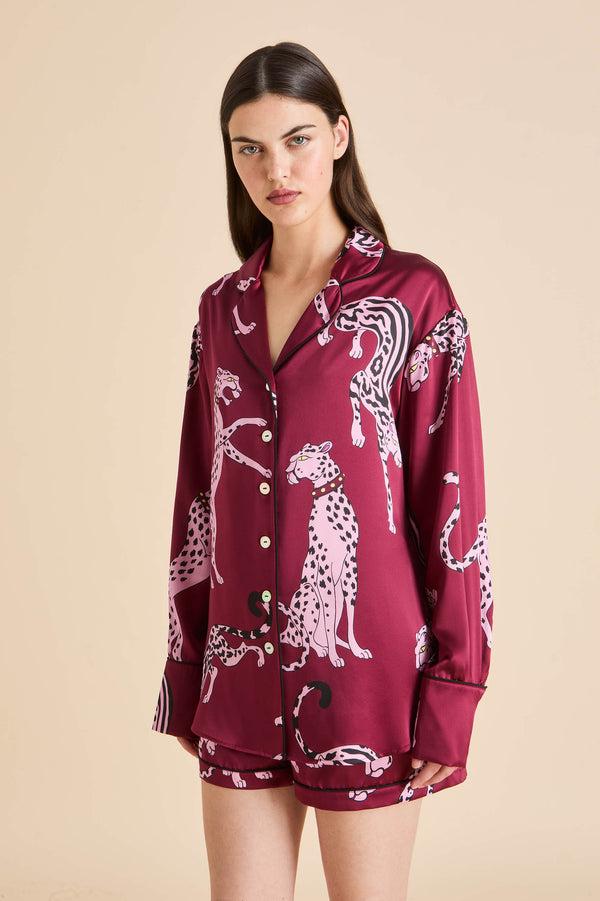 Olivia Von Halle Alba Cherie Red Leopard Pajamas In Silk Satin Red
