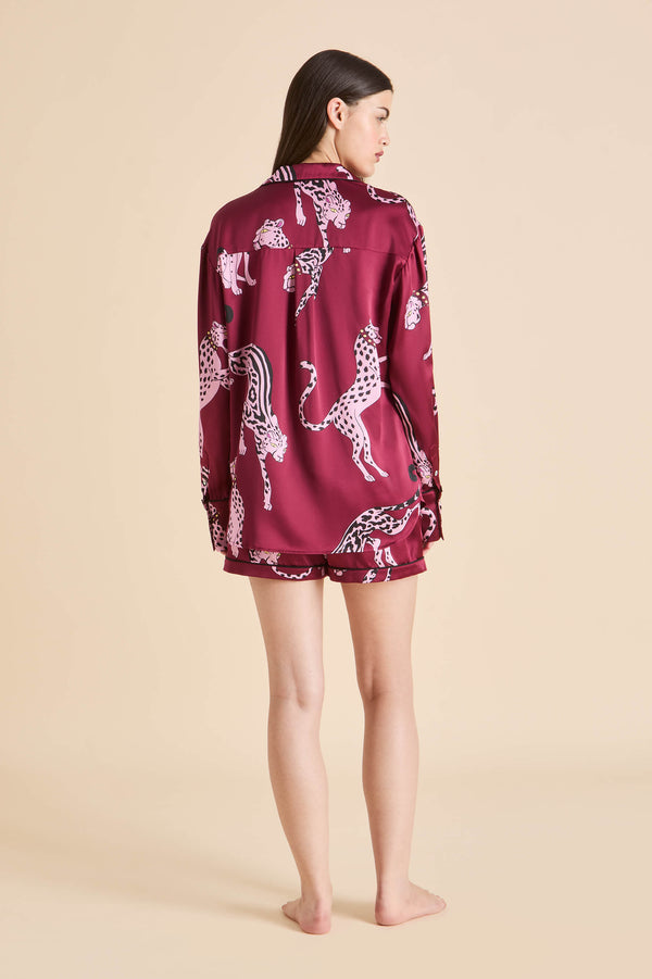 Olivia Von Halle Alba Cherie Red Leopard Pajamas In Silk Satin Red