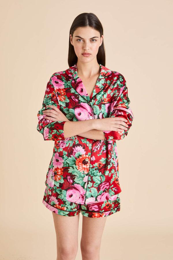 Olivia Von Halle Alba Moulin Red Floral Pajamas In Silk Satin Red