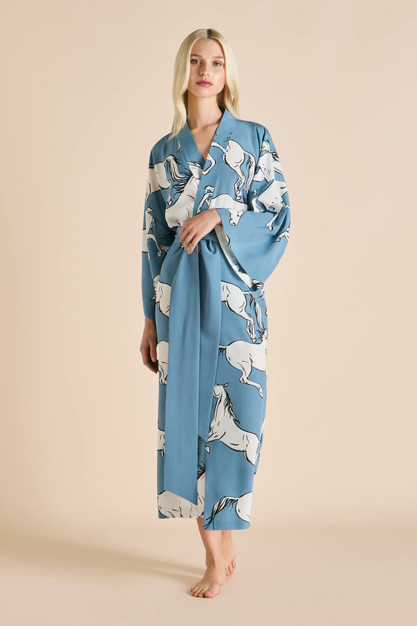 Olivia Von Halle Amaya Cordelia Blue Horse Robe In Silk Crêpe De Chine Blue