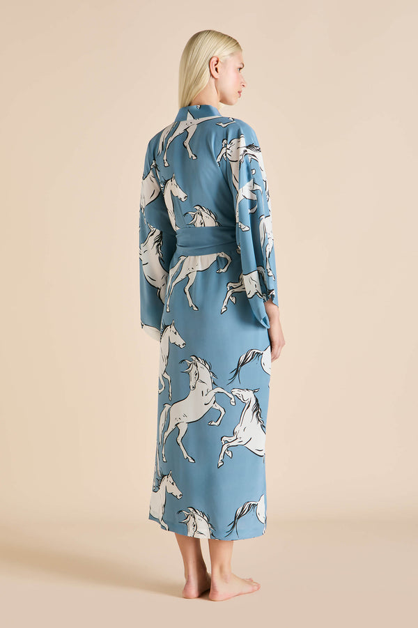 Olivia Von Halle Amaya Cordelia Blue Horse Robe In Silk Crêpe De Chine Blue
