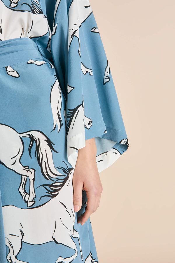 Olivia Von Halle Amaya Cordelia Blue Horse Robe In Silk Crêpe De Chine Blue