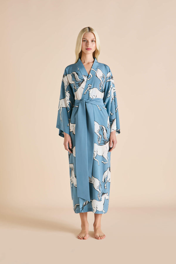olivia von halle Amaya Cordelia Blue Horse Robe in Silk Crêpe de Chine Blue