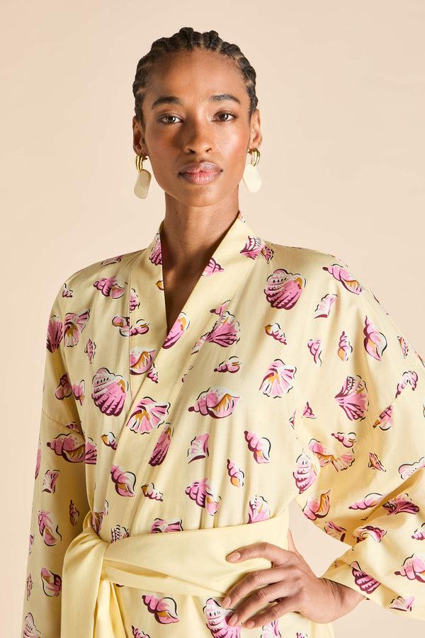 Olivia Von Halle Amaya Helios Yellow Seashell Robe In Cotton-Silk Yellow