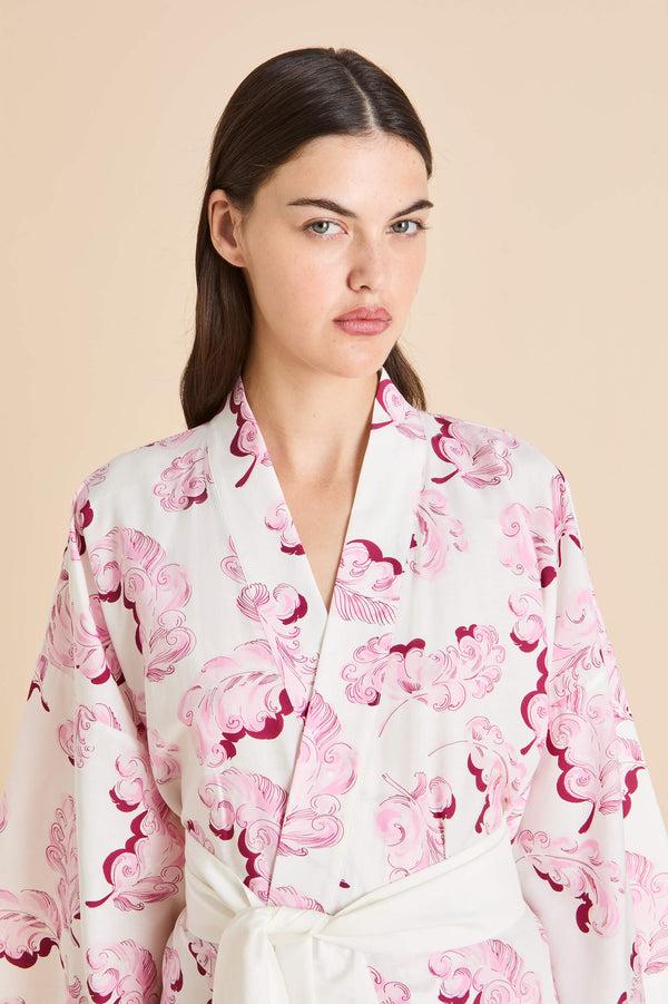 Olivia Von Halle Amaya Plume Pink Feather Robe In Cotton-Silk Pink