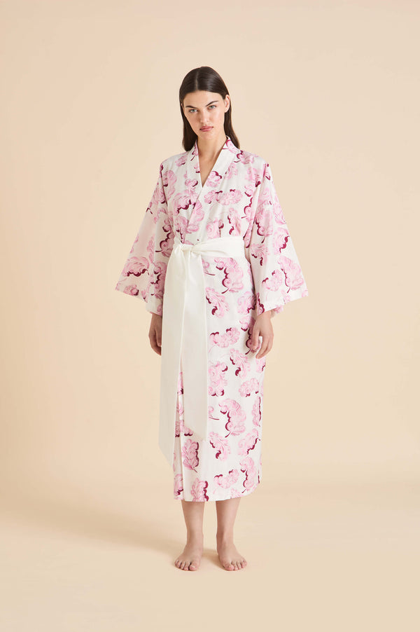 olivia von halle Amaya Plume Pink Feather Robe in Cotton-Silk Pink