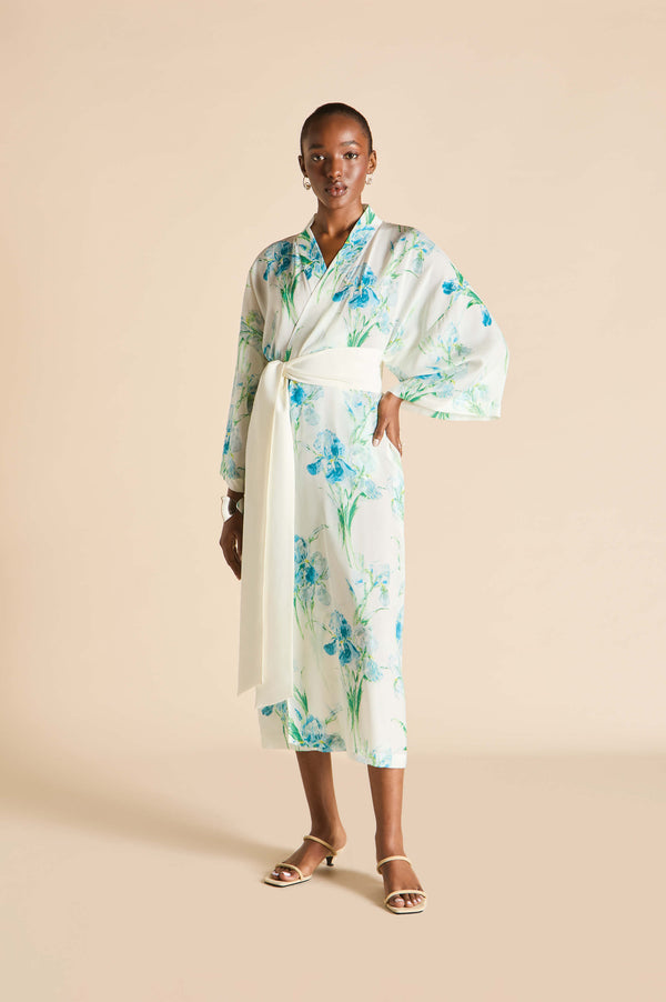 olivia von halle Amaya Samphire Ivory Floral Robe in Silk-Chiffon Ivory