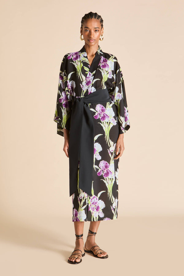 Olivia Von Halle Amaya Seaholly Black Floral Robe In Silk-Chiffon Black