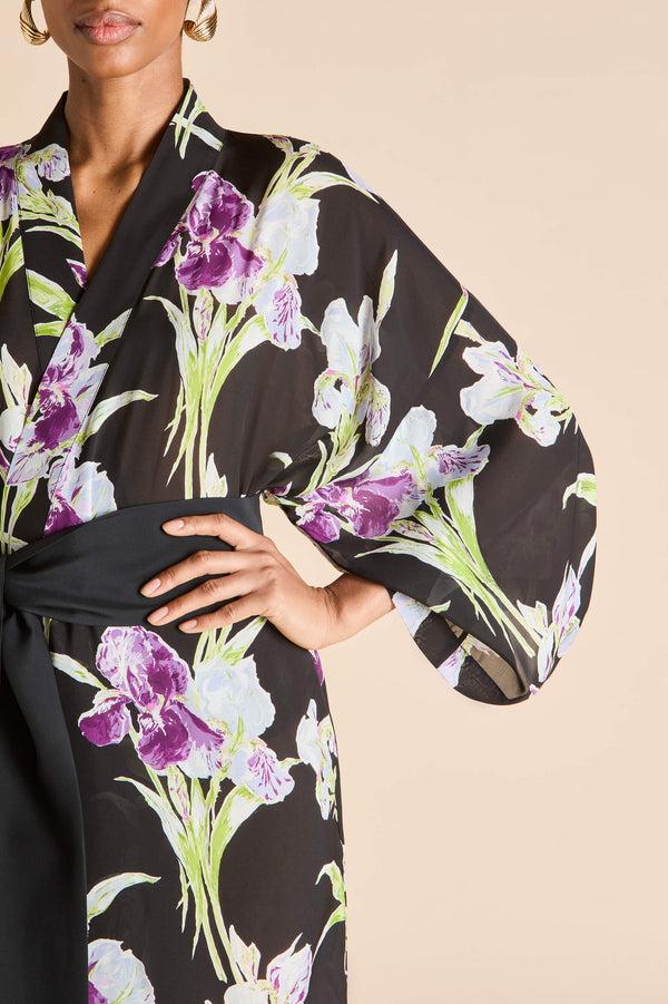 Olivia Von Halle Amaya Seaholly Black Floral Robe In Silk-Chiffon Black