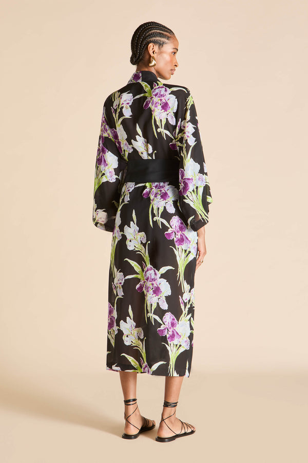 Olivia Von Halle Amaya Seaholly Black Floral Robe In Silk-Chiffon Black