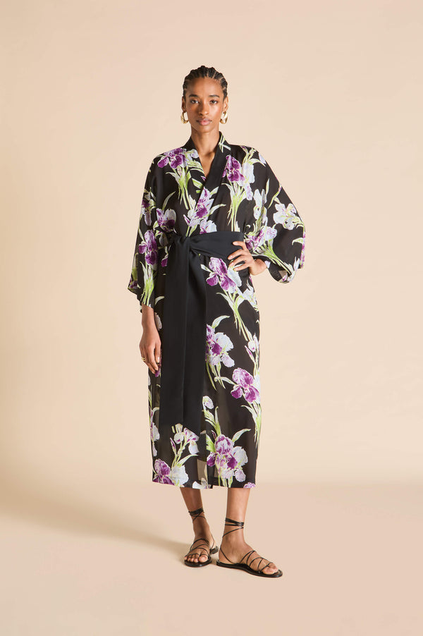 olivia von halle Amaya Seaholly Black Floral Robe in Silk-Chiffon Black olivia von halle Amaya Seaholly Black Floral Robe in Silk-Chiffon Black
