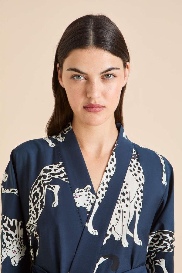 Olivia Von Halle Amaya Ziegfeld Blue Leopard Robe In Cotton-Silk Blue