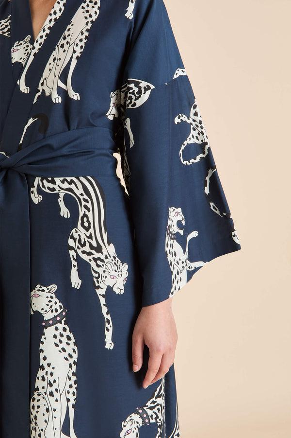 Olivia Von Halle Amaya Ziegfeld Blue Leopard Robe In Cotton-Silk Blue