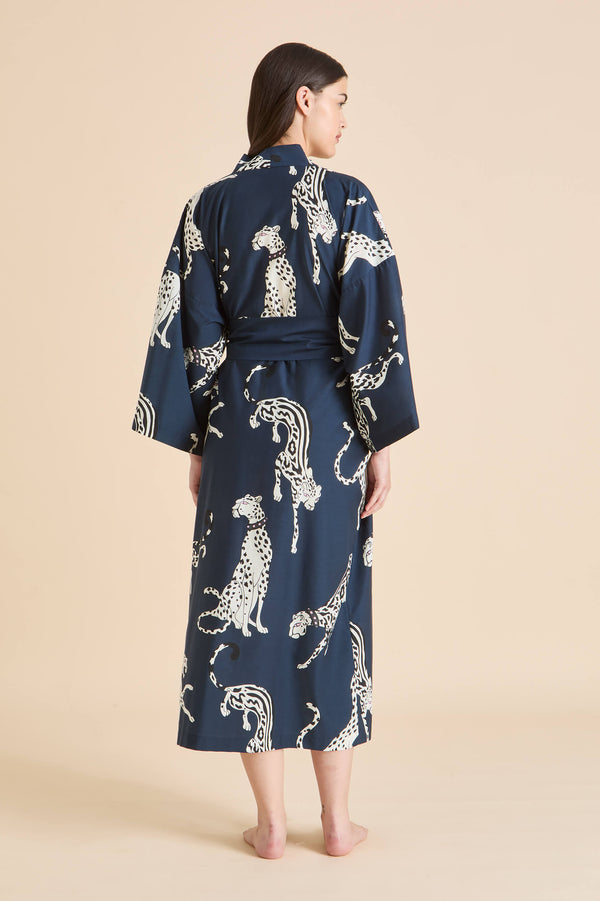 Olivia Von Halle Amaya Ziegfeld Blue Leopard Robe In Cotton-Silk Blue