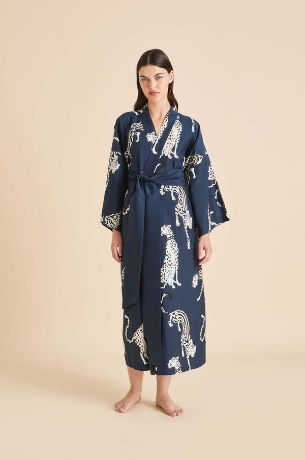 olivia von halle Amaya Ziegfeld Blue Leopard Robe in Cotton-Silk Blue