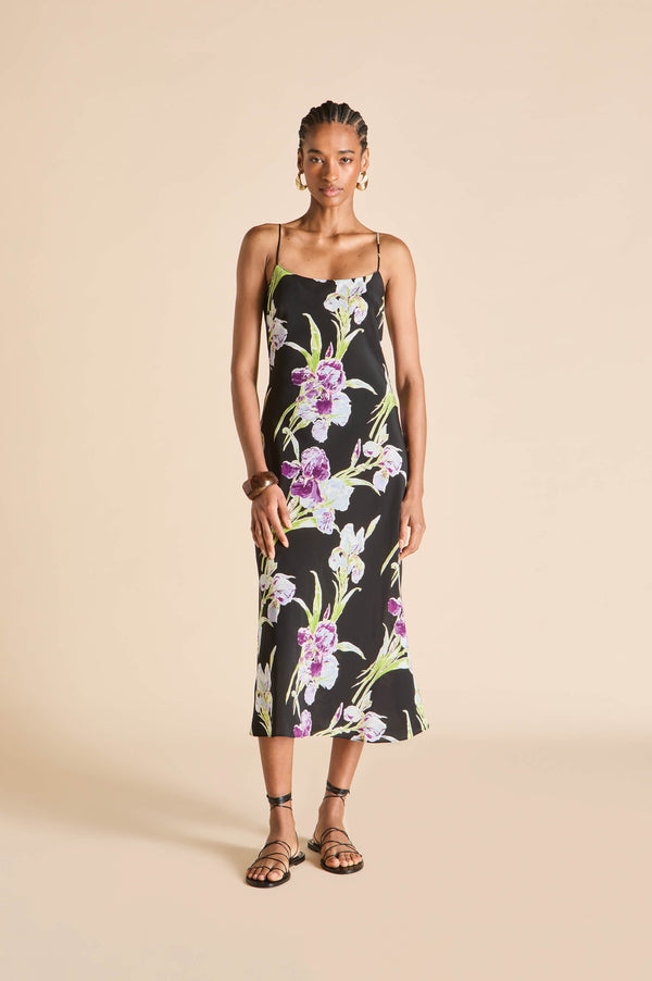 olivia von halle Artemis Moonglade Black Floral Dress in Silk Crêpe de Chine Black