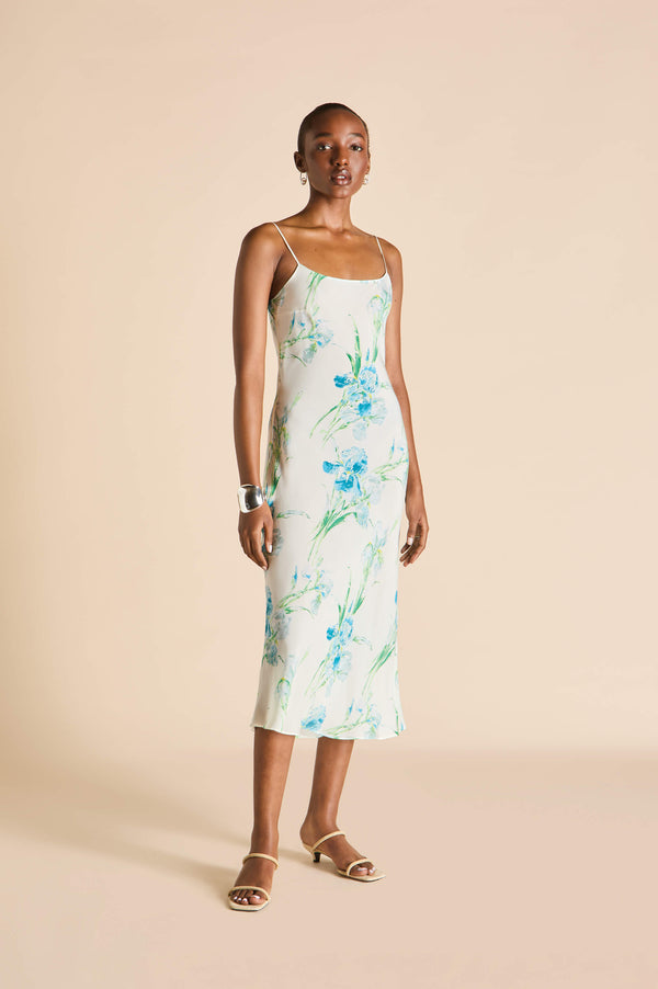 olivia von halle Artemis Samphire Ivory Floral Dress in Silk-Chiffon Ivory