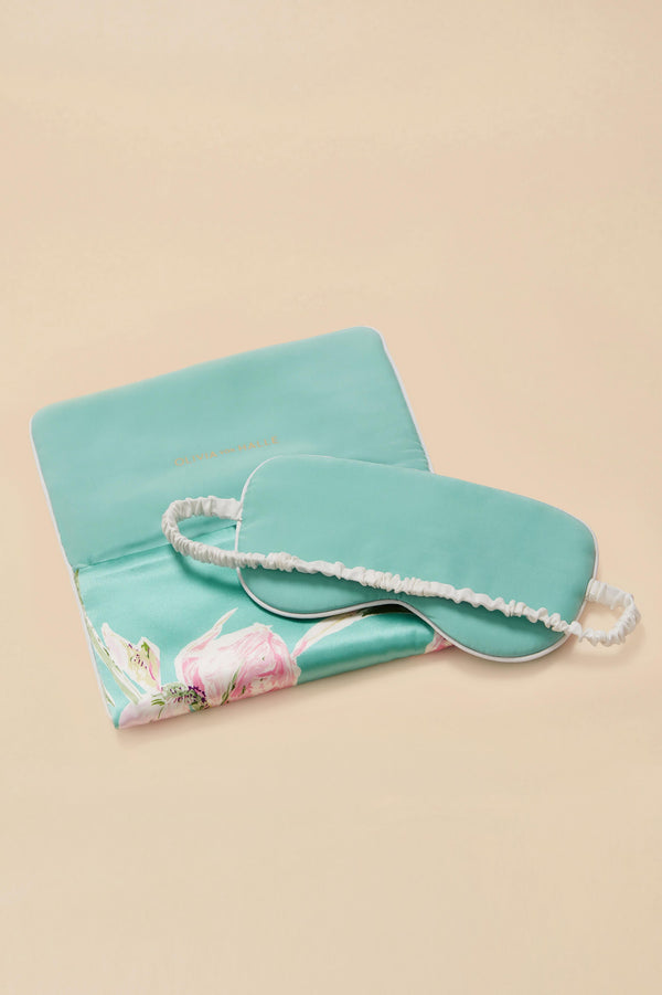 Olivia Von Halle Audrey Abalone Turquoise Floral Eye Mask In Silk Satin Blue
