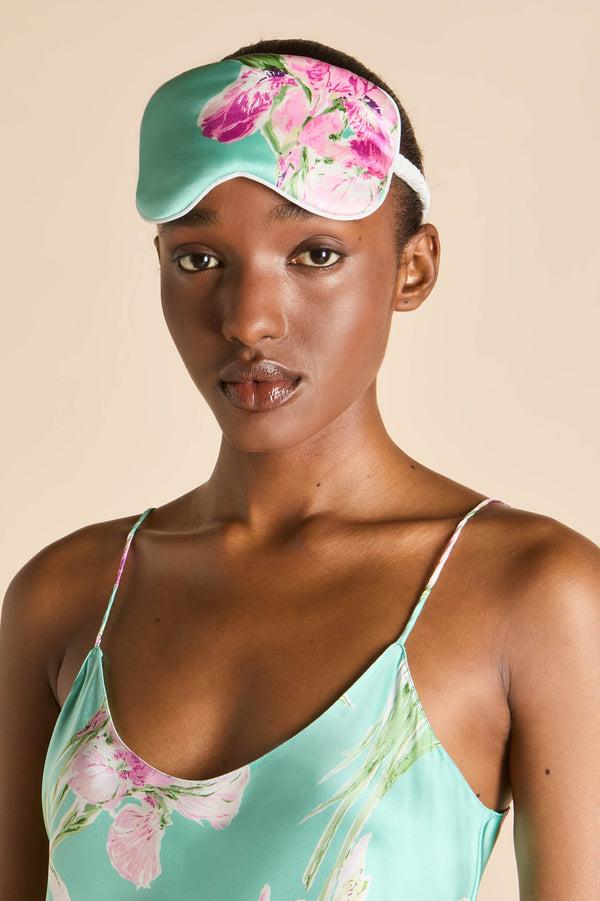 Olivia Von Halle Audrey Abalone Turquoise Floral Eye Mask In Silk Satin Blue