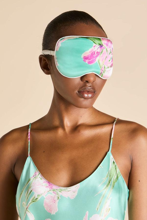 Olivia Von Halle Audrey Abalone Turquoise Floral Eye Mask In Silk Satin Blue
